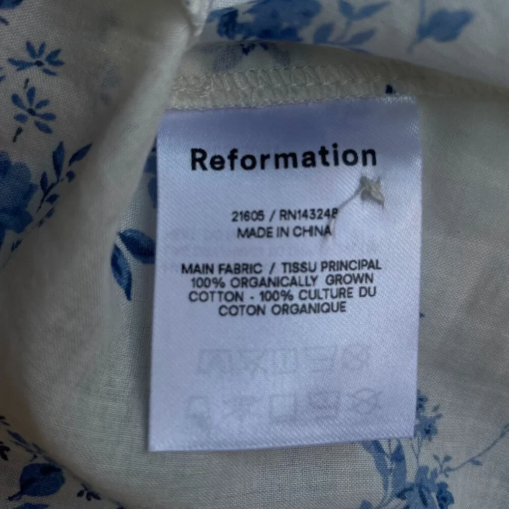 Reformation Cream and Blue Floral Puff Sleeve Blouse